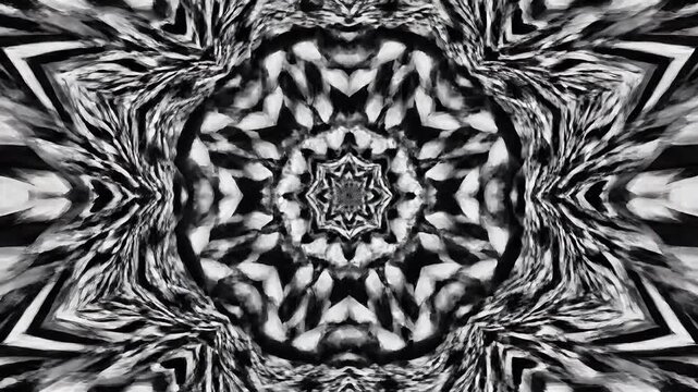 A symmetrical black and white geometric kaleidoscope design with floral patterns