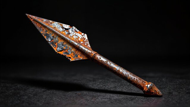 Rusty spearhead lies against dark background, weathered metal gleaming with age.