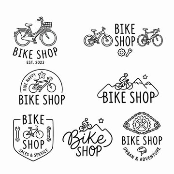 Professional bike shop logo set with diverse bicycle and gear line icons.