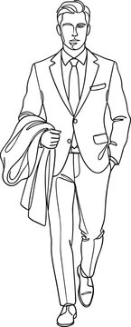 A full-body sketch of a handsome man in a business suit holding a coat.