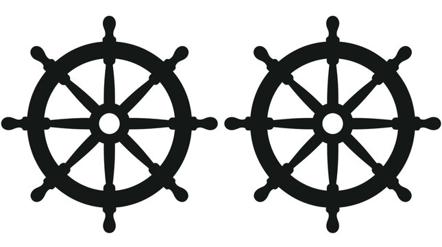 Black ship steering wheels isolated on white background for marine navigation and nautical graphic design projects