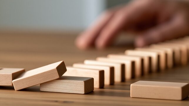 falling wooden dominoes and hand reaching out
