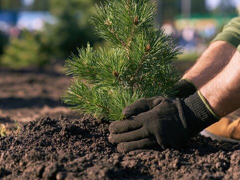 Hands in gloves planting a small pine tree