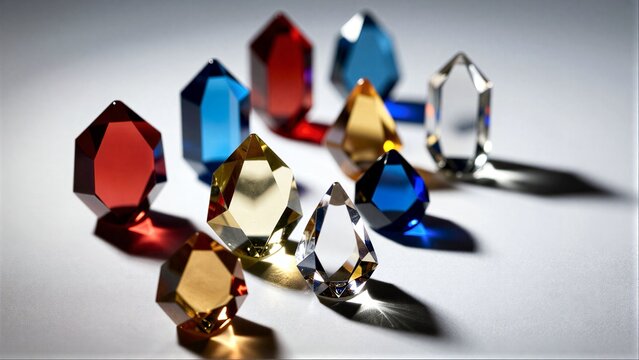 Vibrant, faceted gemstones gleam in colorful array against soft white background.