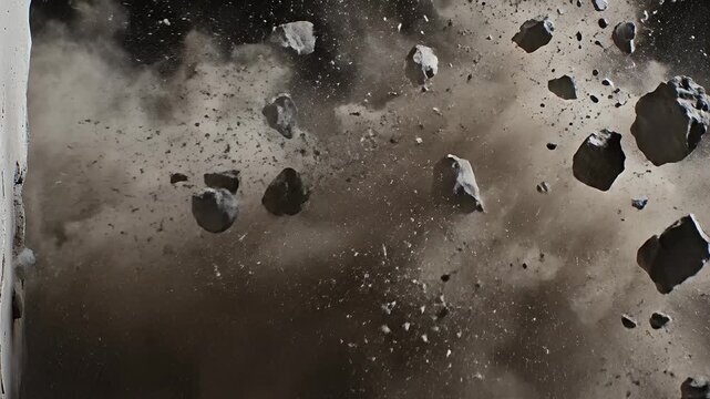 A violent explosion sends jagged rocks and grey dust flying against black space