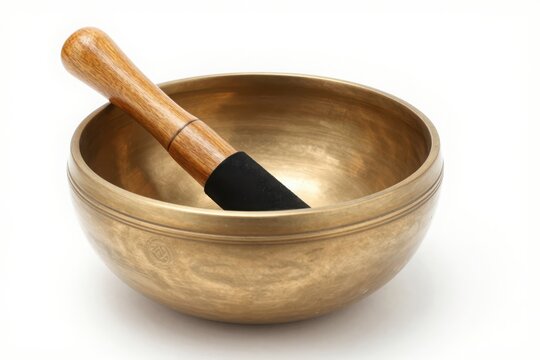 Tibetan singing bowl with wooden mallet for sound therapy meditation.