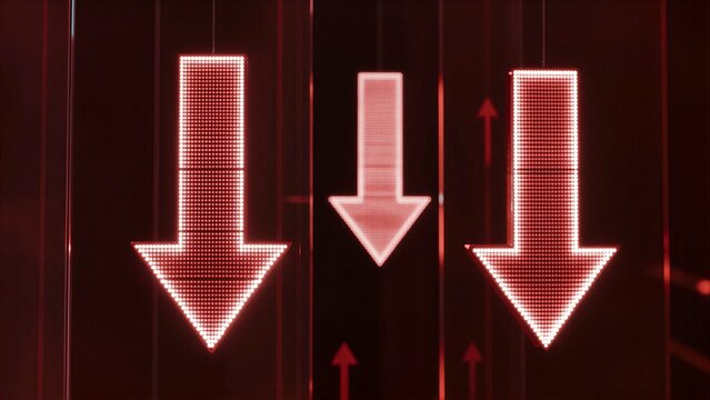 Red LED arrows signal decline, with subtle upward hints in the background.