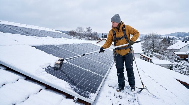 A worker cleans snow from solar panels on a rooftop in a winter landscape, demonstrating maintenance of renewable energy sources.