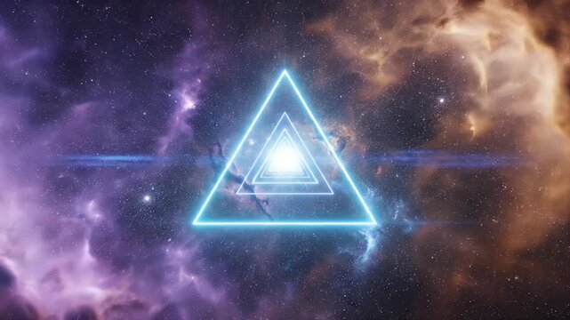 Neon geometric tunnels glow, leading into a distant cosmic nebula and starfield