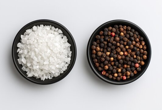salt and pepper in black bowls on white