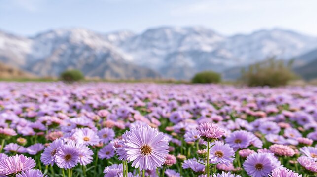 Pink flowers bloom in mountain valley landscape