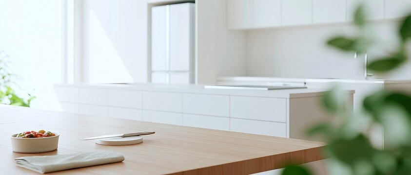 Minimalist kitchen with wooden table and fresh salad