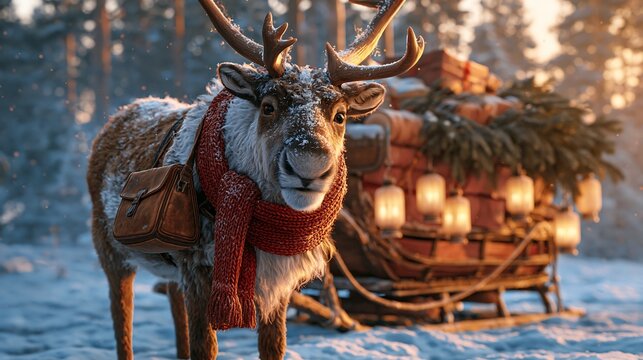 Cute reindeer in red scarf with Santa sleigh and gifts in snowy winter forest.