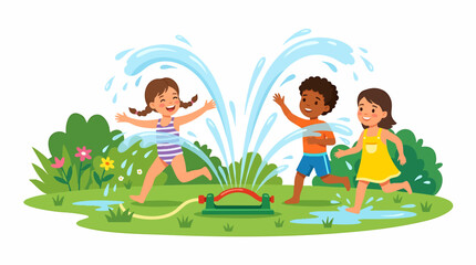 Fototapeta premium Children joyfully playing in a sprinkler on a sunny summer day outdoors in a green grassy area with flowers isolated on white background