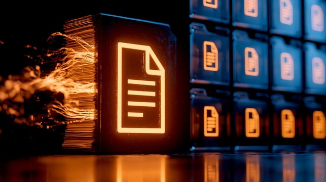 Physical paper stack converting into glowing digital document icon with fiber optic stream. Symbolizes paperless office transition, cloud migration and corporate database archiving.