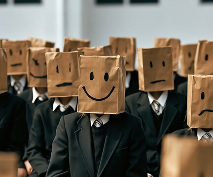 Crowd of people wearing brown paper bags with