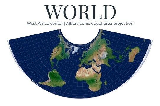 World Map. Albers conic equal-area projection. West Africa center lat 10 lon -5. High detail physical satellite imagery. Mid-latitude statistical thematic mapping.