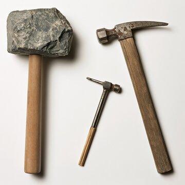 stone mallet pickaxe and chisel on white background