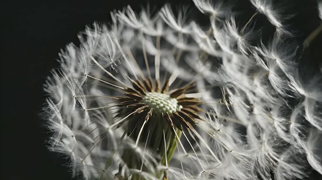 Close-up of a white dandelion flower head with seeds blowing away in the wind
