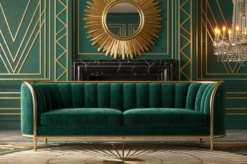 Obraz premium Luxurious emerald green velvet sofa in elegant interior