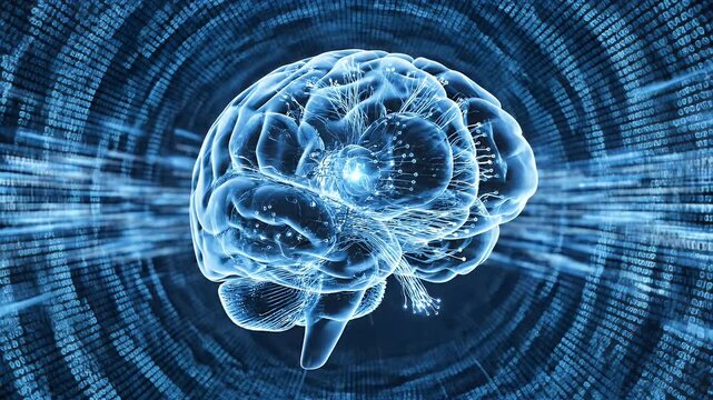 Glowing blue digital brain with radiant energy and binary code streams