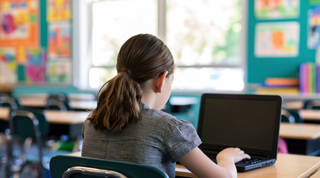 Student girl using a laptop for digital learning in a bright school class room for academic study and education