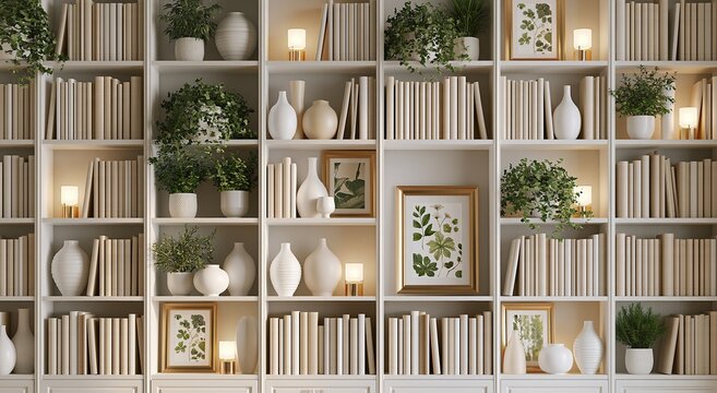 White bookshelves filled with books plants and vases