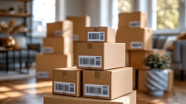 Stacked cardboard shipping boxes with barcodes in living