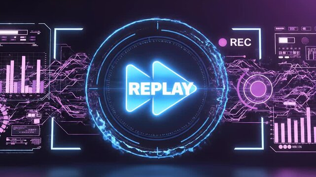 Futuristic glowing interface with replay symbol, data visualizations, and circuit patterns