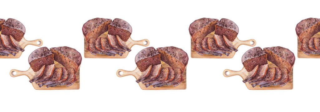 Seamless border with watercolor loaf of homemade rye bread on cutting board on white background. Whole grain bun for healthy breakfast. Hand-drawn food for cookbook or kitchen. Wallpaper or wrapping