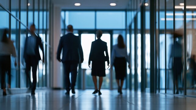 Blurred businesspeople walking away through modern office hallway