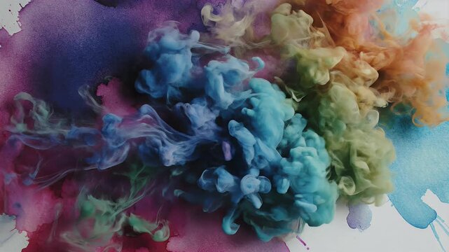 Colorful pigments swirl and blend on textured watercolor paper