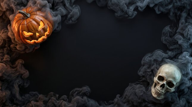 Spooky Halloween background featuring glowing jack o lantern and skull shrouded in dark grey smoke.