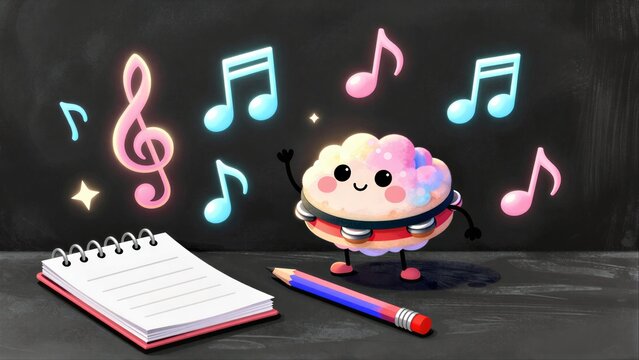 A cheerful, musical brain character dances with notes and a treble clef near notebooks.