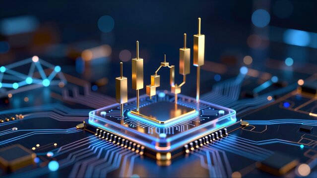 Golden chip with glowing circuitry, futuristic tech and data visualization on blue board.