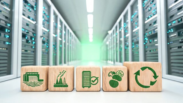 Low Angle Data Center Corridor with Renewable Energy Sustainability Wooden Block Concept