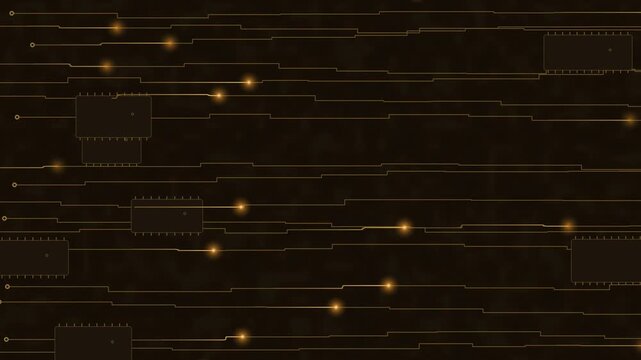 Scrolling Golden Circuit Board Traces with Traveling Light Pulses and Microchips on Dark Grunge &ndash; Abstract Tech Hardware & Data Flow Background Loop