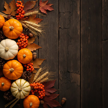 Fall harvest display with pumpkins and leaves on wood