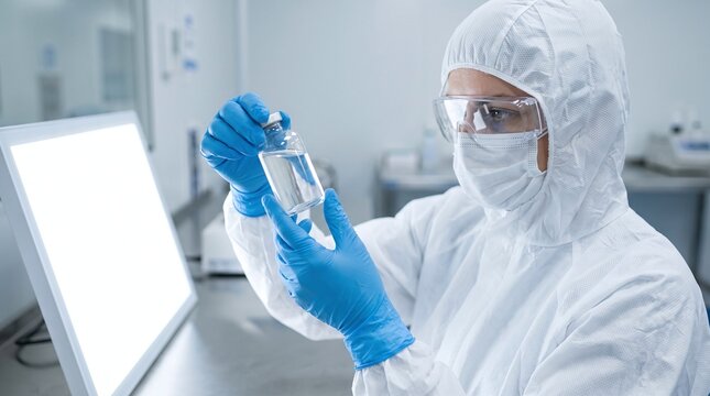 Laboratory scientist wearing protective suit examines clear liquid in vial