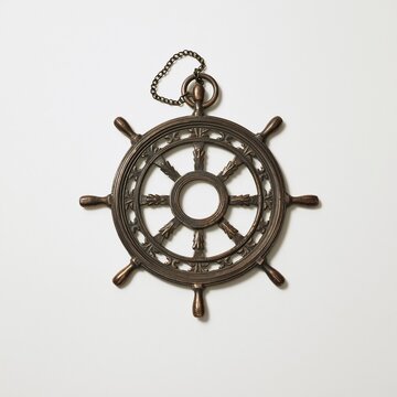 Antique bronze ship wheel decoration with chain on