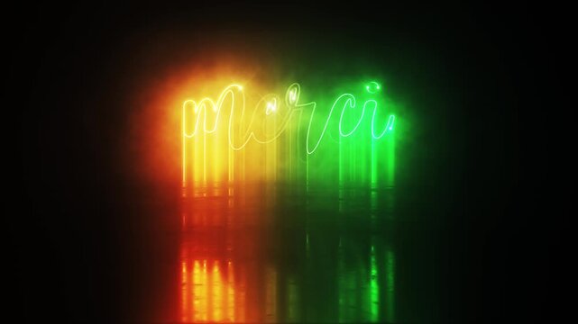 Animation text of Thank you  French  language laser neon glitch text effect cinematic title on black abstract backgroud.