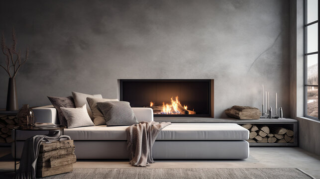 modern interior room with sofa and fireplace.luxury modern apartment with cozy ambiance and minimal style.Warm interior setting with crackling fireplace in the living room