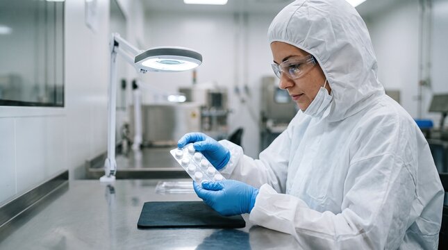 Scientist in sterile suit inspecting pharmaceutical pills under laboratory lighting