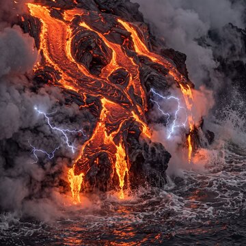 Cinematic Long Exposure of Anak Krakatau Volcanic Eruption at Night with Lava and Lightning