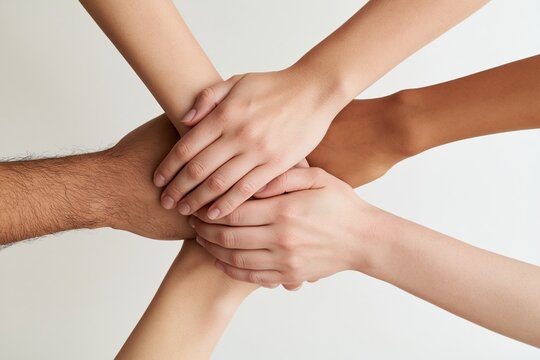 Diverse hands stacking together in unity against white
