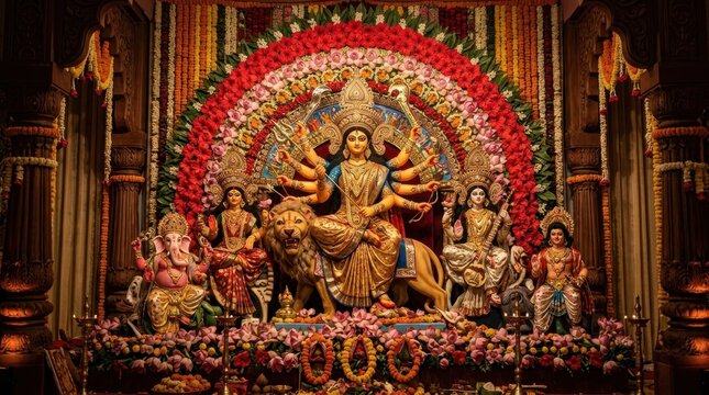Divine Hindu goddess sculpture decorated with red flowers and golden ornaments inside a temple