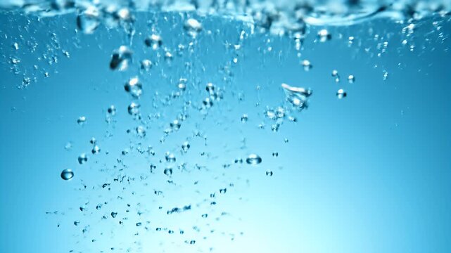 Numerous small bubbles rise through clear, bright blue liquid