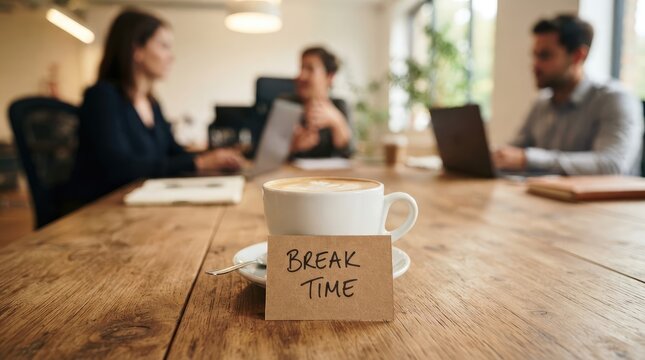People enjoying break time with coffee in a modern office workspace with during pause office coffee sits wooden office setting wooden table with cup coffee