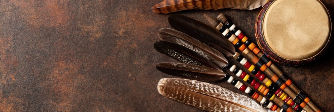 Native american drum with ceremonial feathers on a rustic background for indigenous tribal culture and heritage