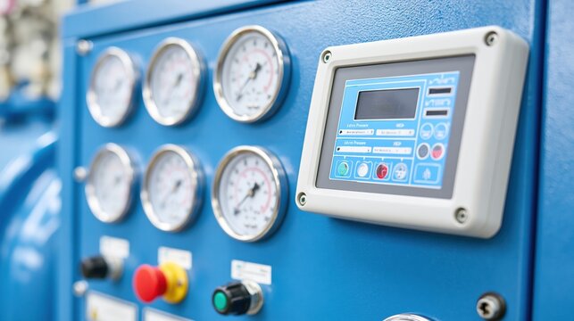 Blue industrial control panel with gauges and digital